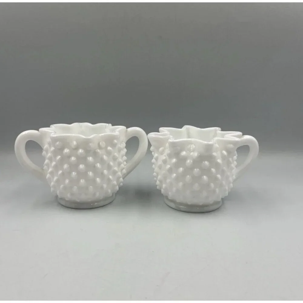 Vintage Old Fenton Milk Glass Hobnail Star Top Sugar and Creamer Set